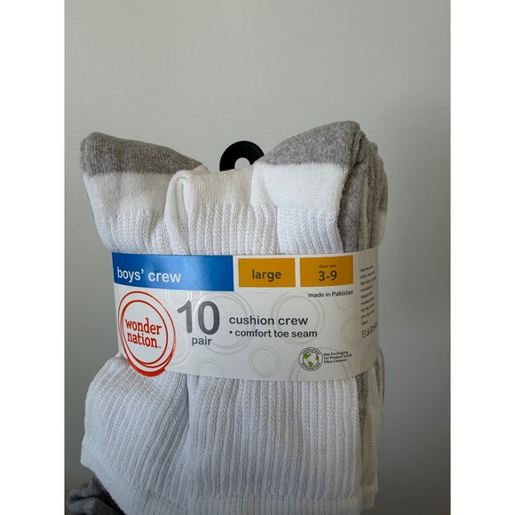 Wonder Nation Boys Cushion Crew Socks – White – 10 Pairs – New - Picture 2 of 3
